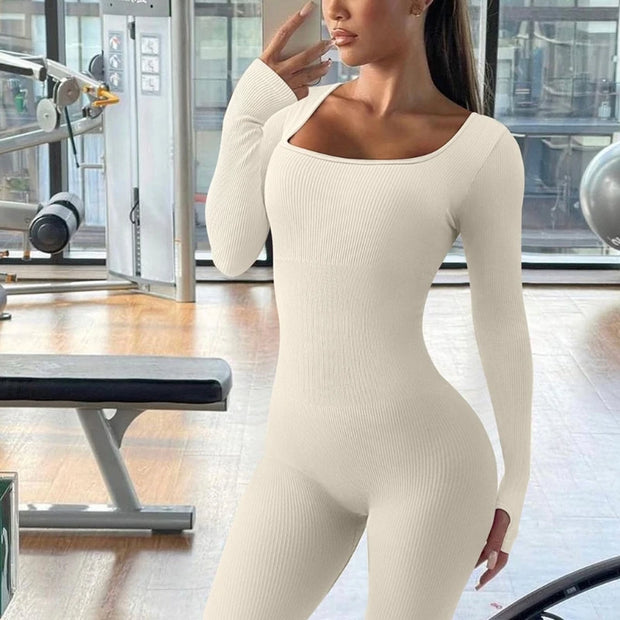 Solid Color Ribbed Long Sleeve Seamless Jumpsuit
